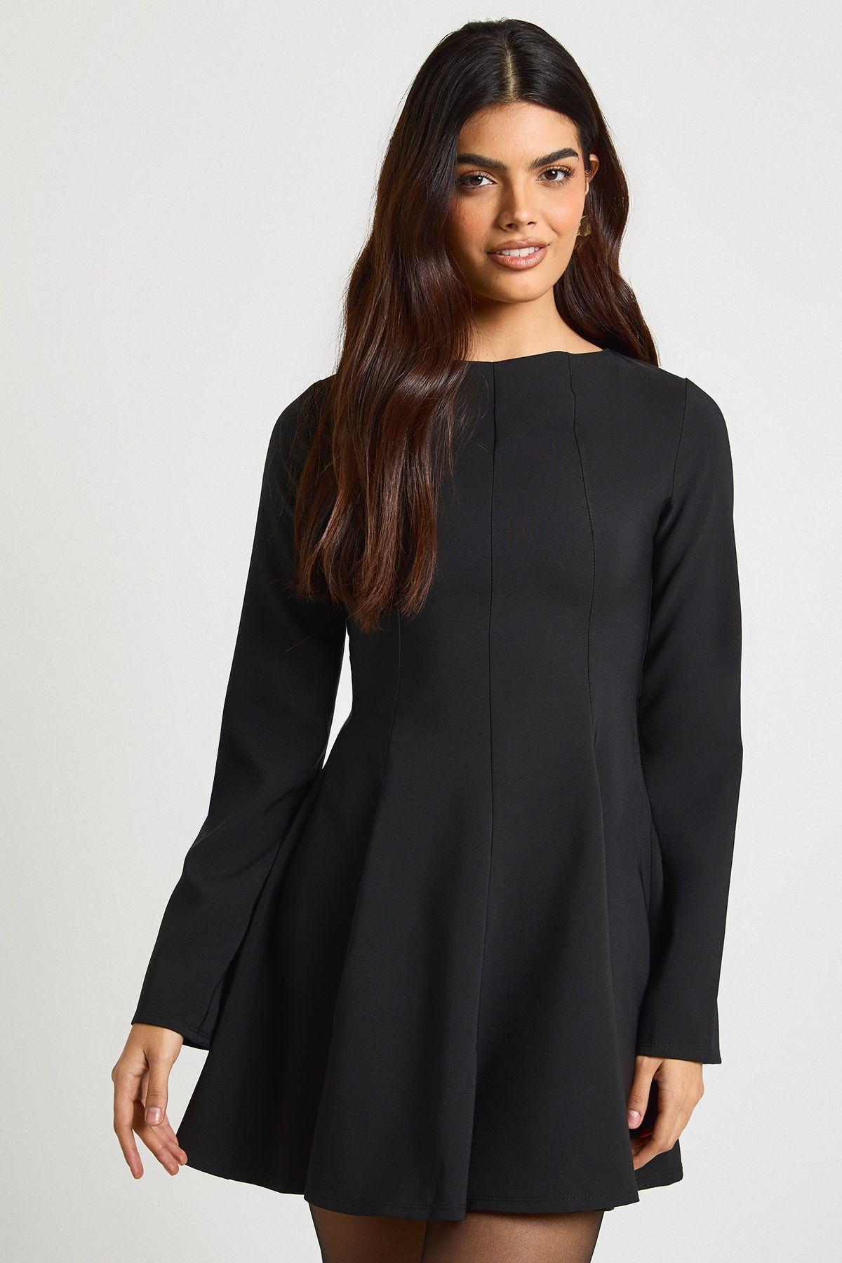 Seam Detail Long Sleeve Flared Hem Mini Dress by BOOHOO
