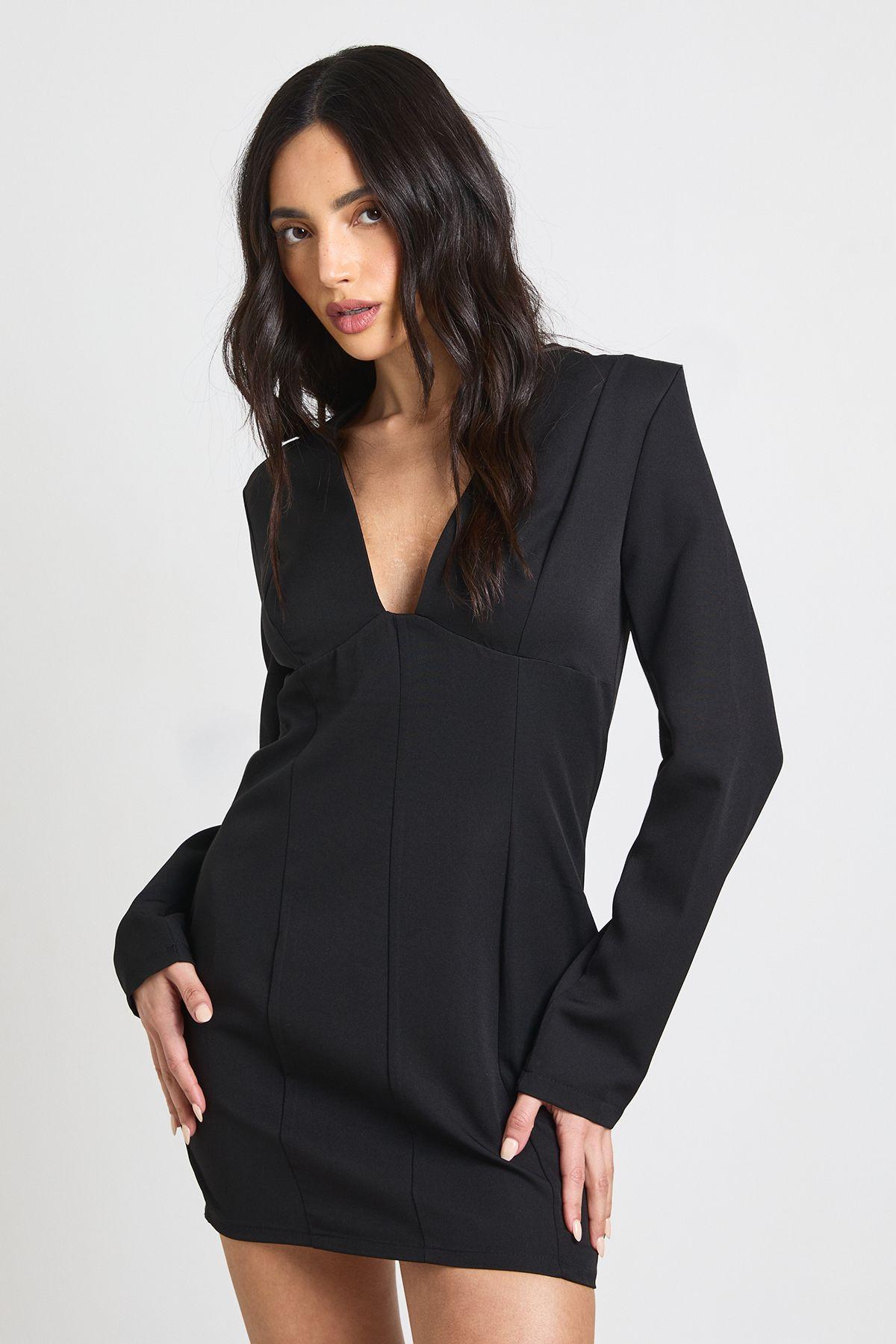 Seam Detail Plunge Front Mini Dress by BOOHOO