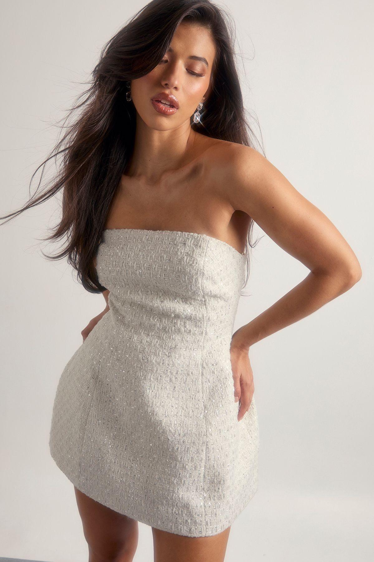 Sequin Boucle Structured Skater Mini Dress by BOOHOO