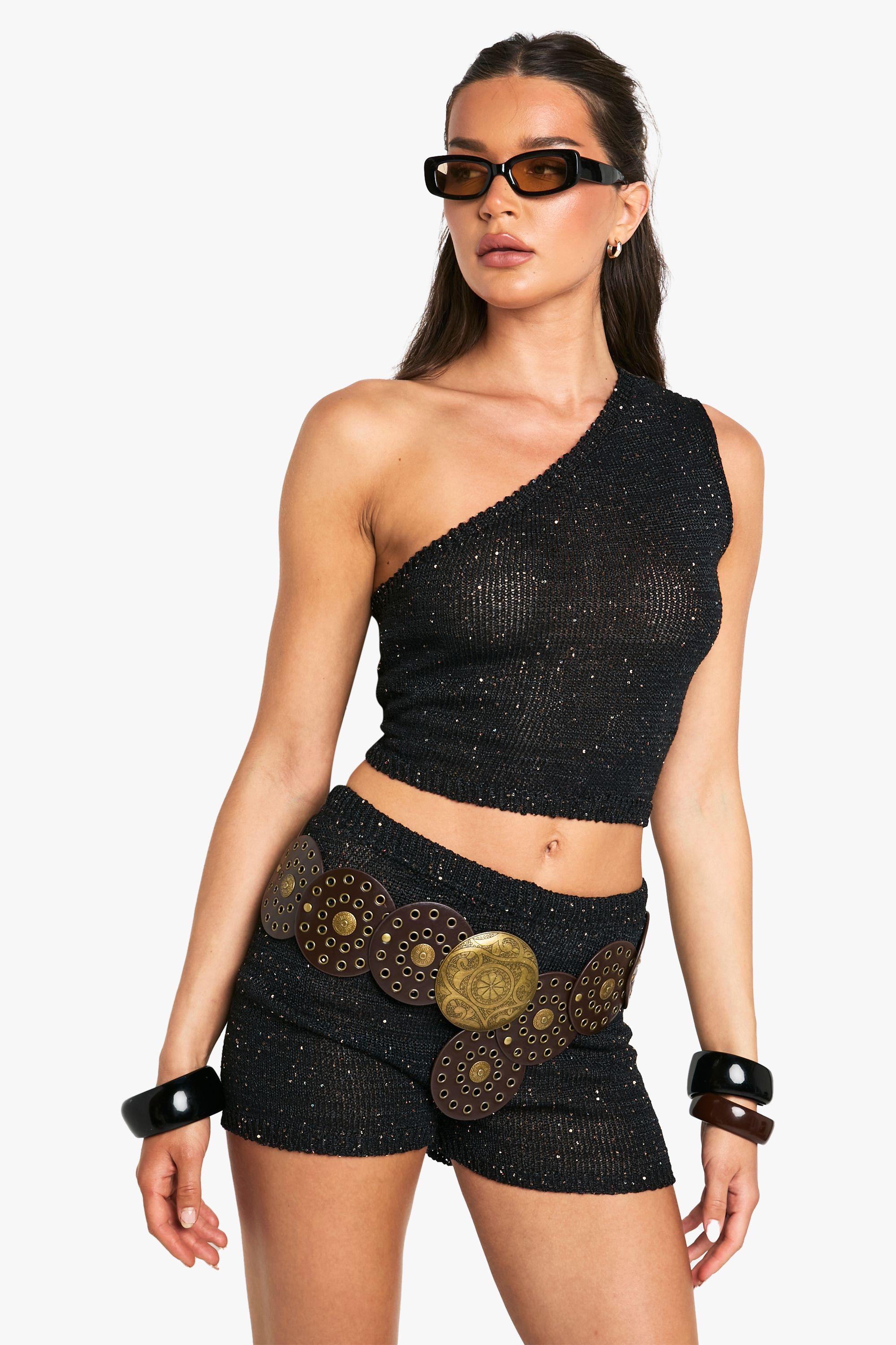 Sequin Knit Sheer Asymmetric One Shoulder Knitted Top by BOOHOO