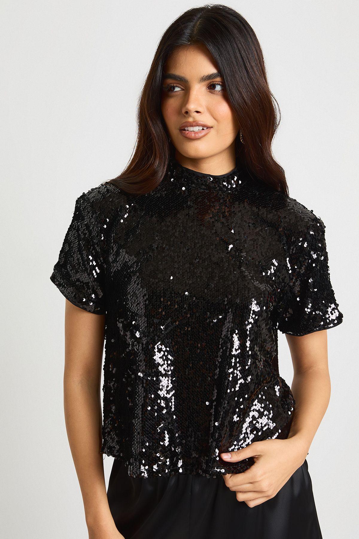 Sequin Shoulder Pad Boxy Tee by BOOHOO