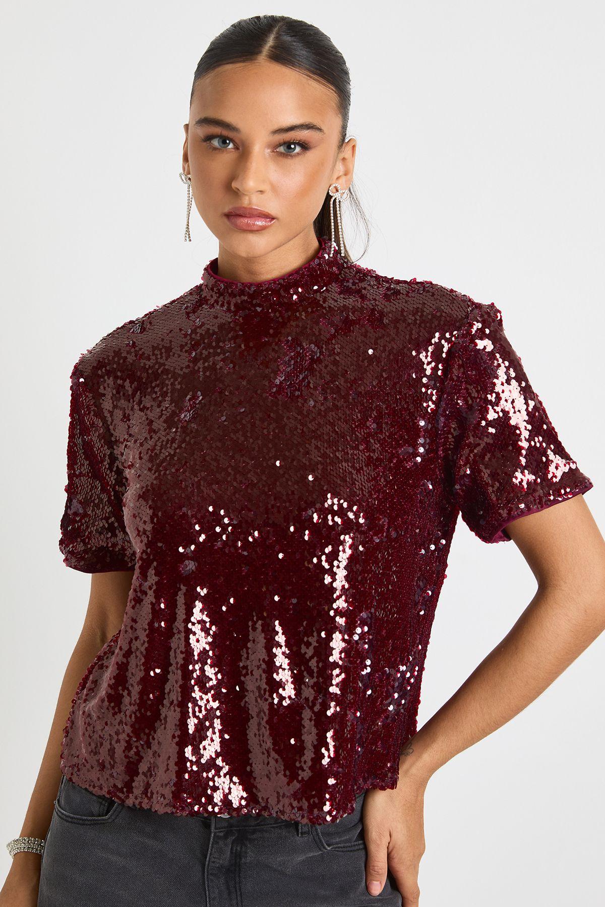 Sequin Shoulder Pad Boxy Tee by BOOHOO