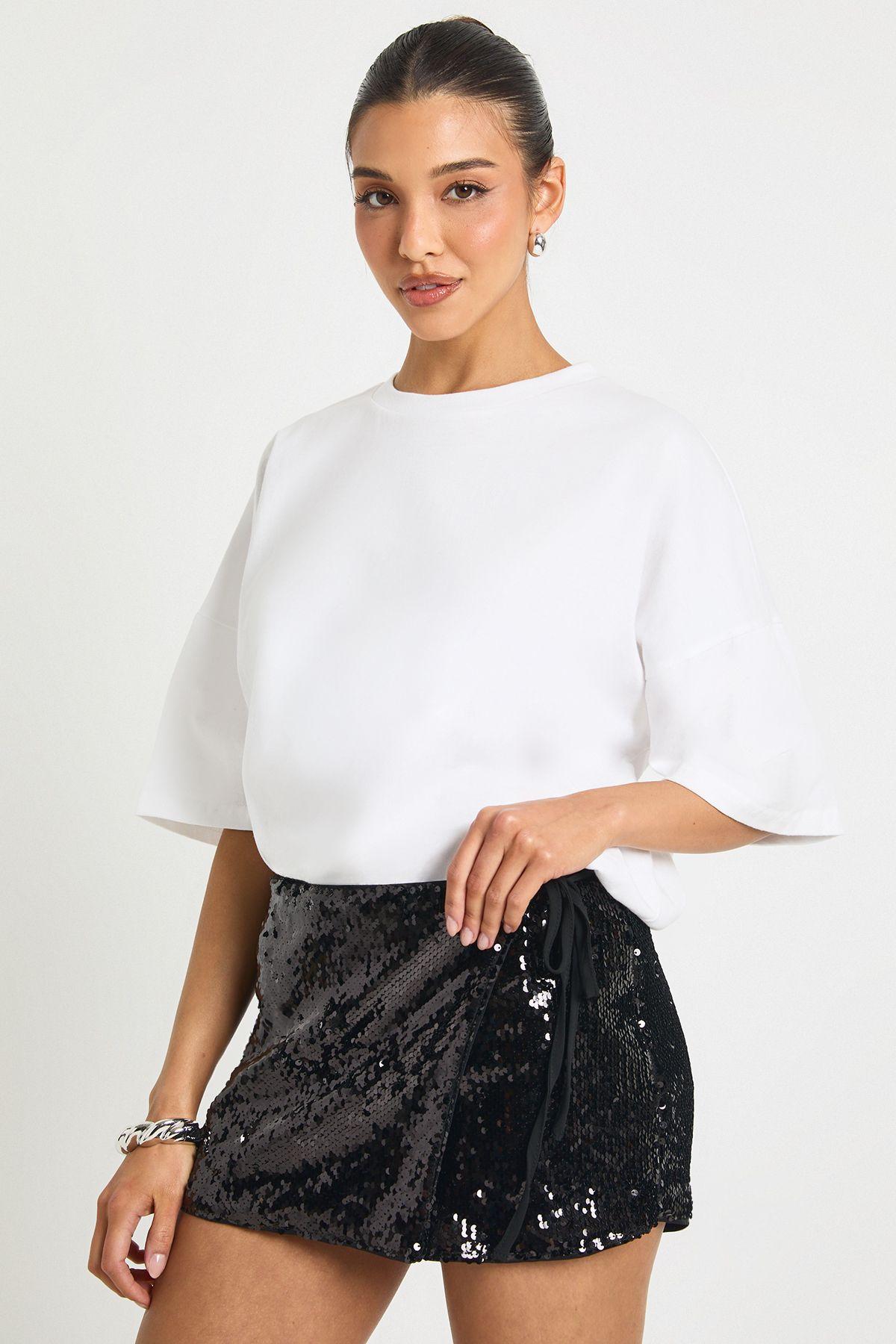 Sequin Wrap Mini Skort by BOOHOO