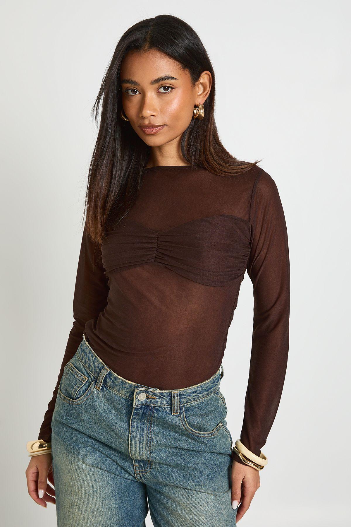 Sheer Bust Detail Long Sleeve Top by BOOHOO
