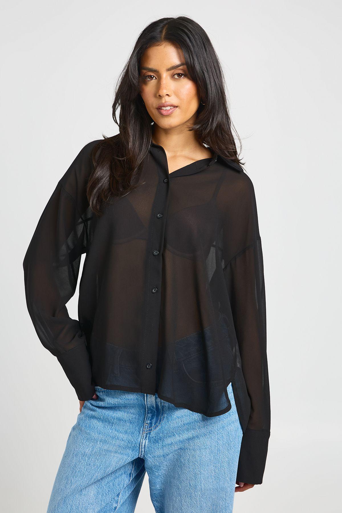 Sheer Chiffon Oversized Shirt by BOOHOO