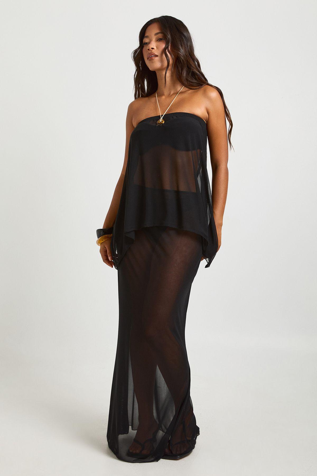 Sheer Mesh Bandeau Top & Maxi Beach Skirt Co-ord by BOOHOO