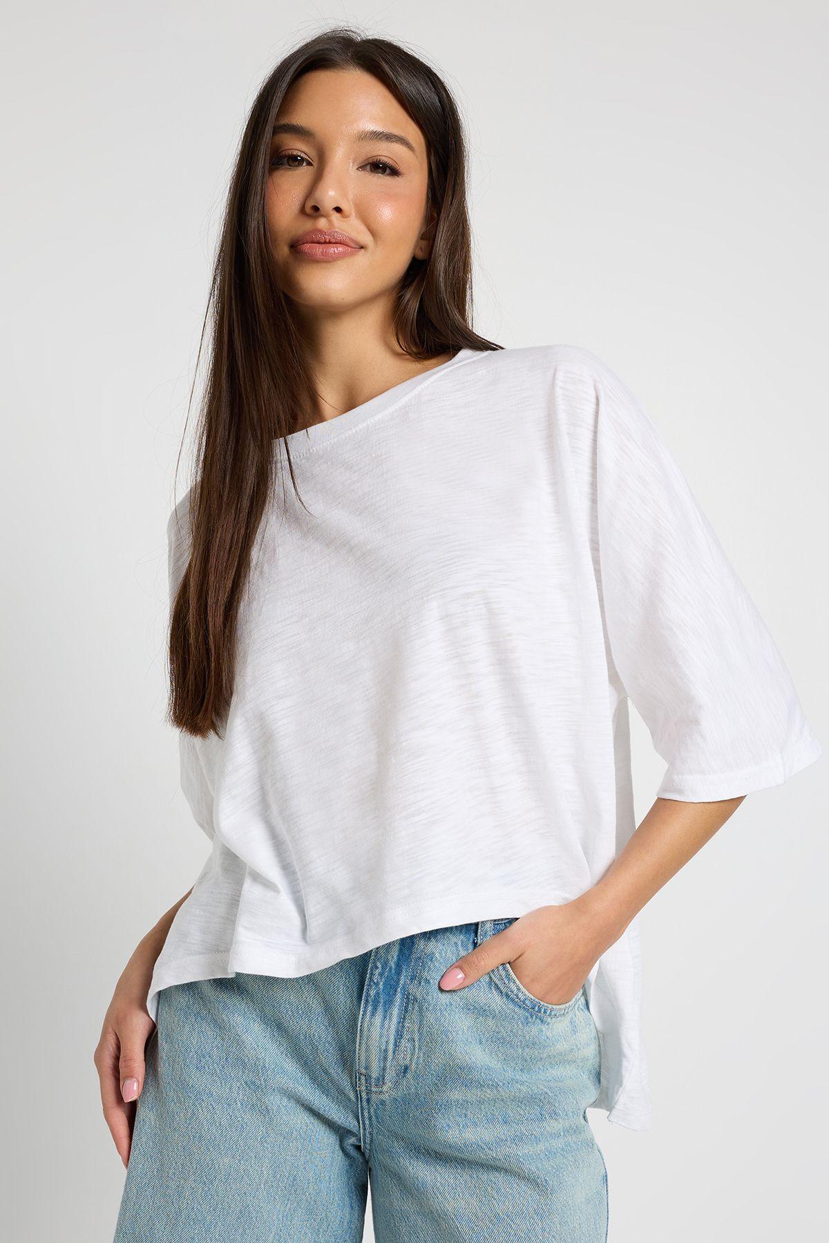 Sheer Slub Curved Hem Oversized T-Shirt by BOOHOO