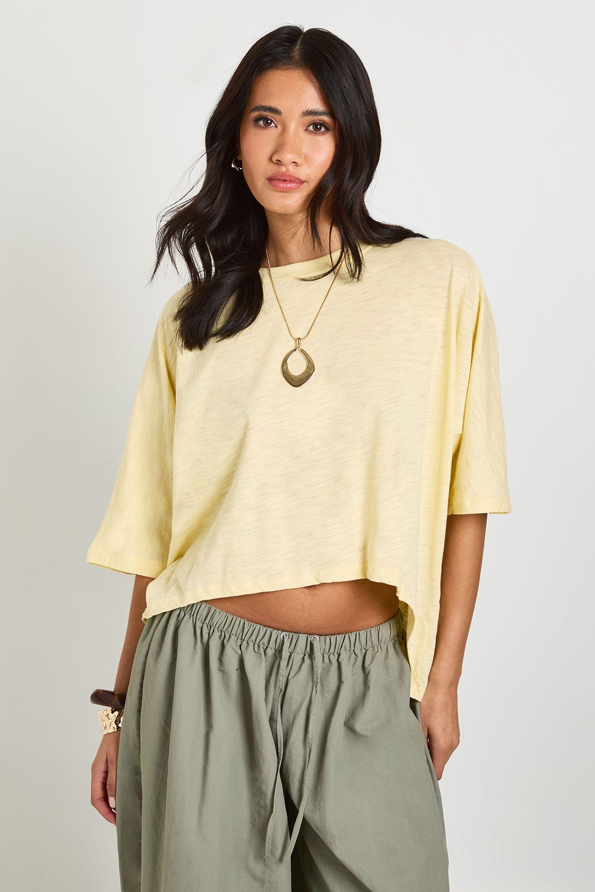 Sheer Slub Curved Hem Oversized T-Shirt by BOOHOO