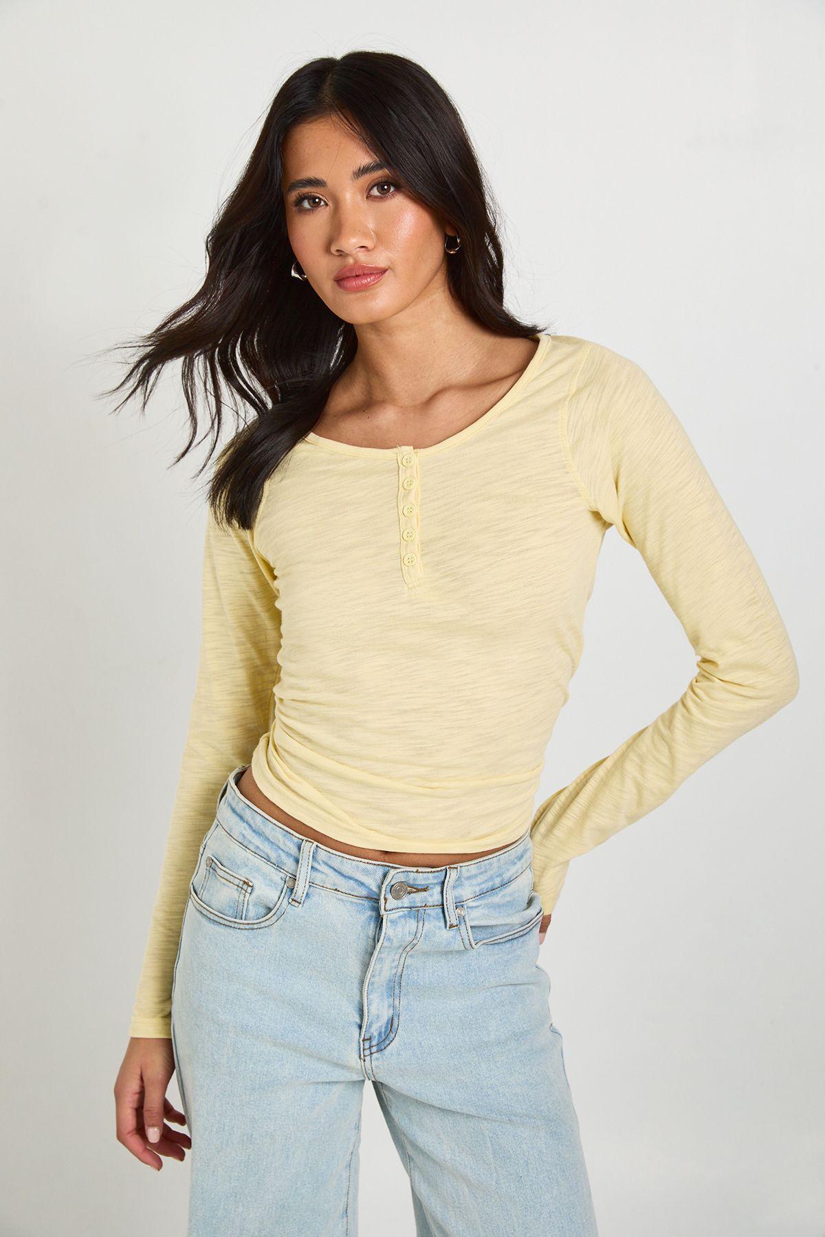 Sheer Slub Henley Top by BOOHOO