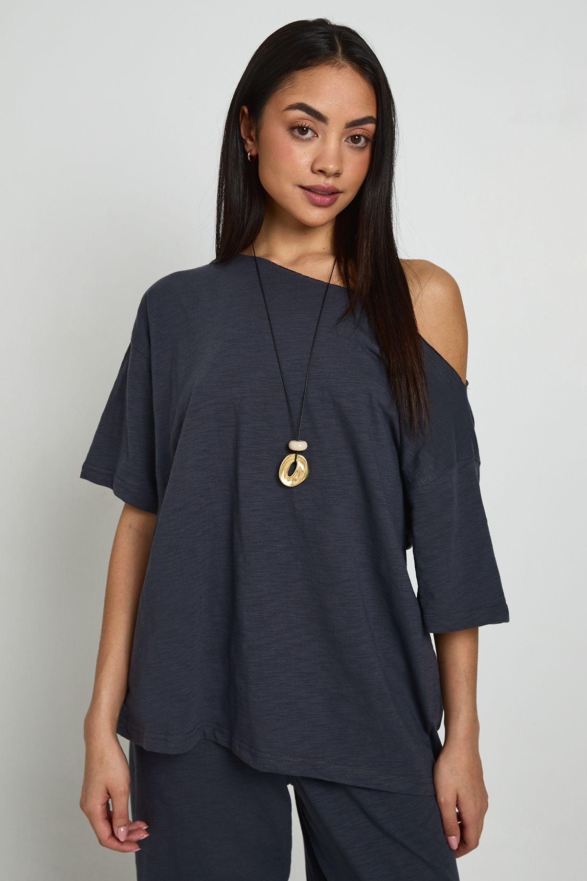 Sheer Slub Off The Shoulder Oversized T-Shirt by BOOHOO