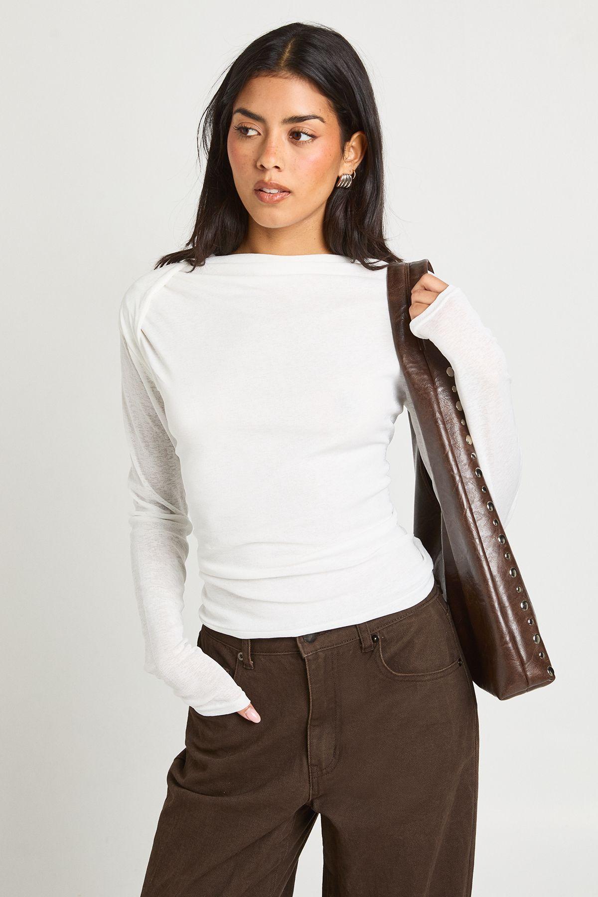 Sheer Textured Slash Neck Long Sleeve Top by BOOHOO