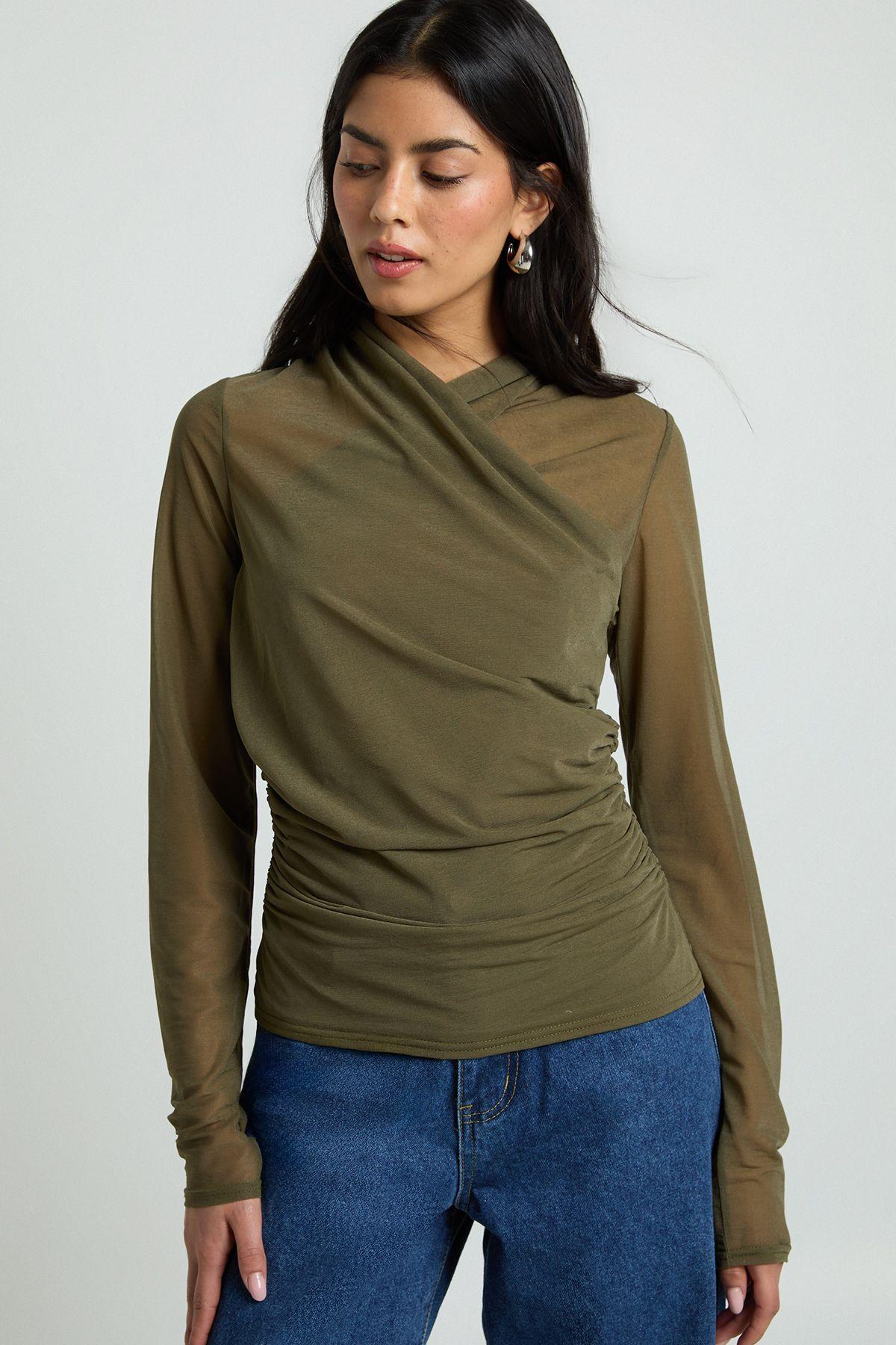 Sheer Textured Wrap Neck Long Sleeve Top by BOOHOO