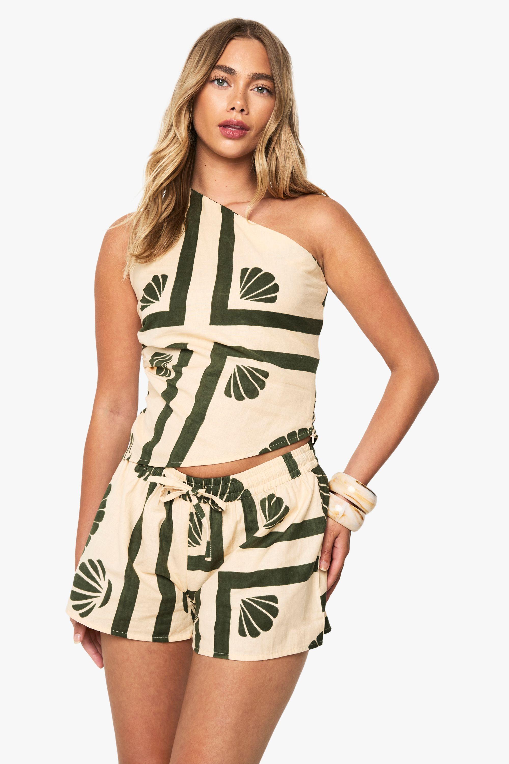 Shell Print Linen Shorts by BOOHOO