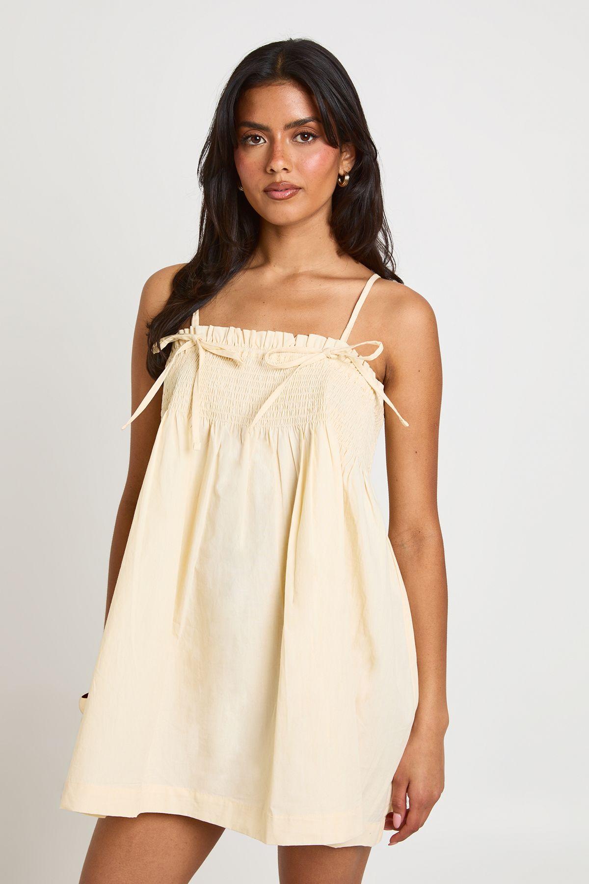 Shirred Detail Mini Smock Dress by BOOHOO