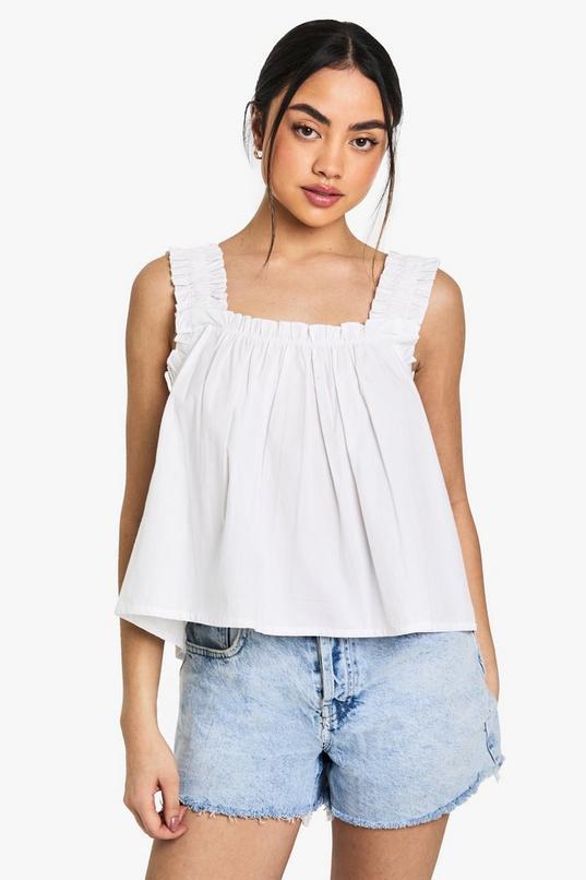 Shirred Strap Cotton Poplin Cami Top by BOOHOO