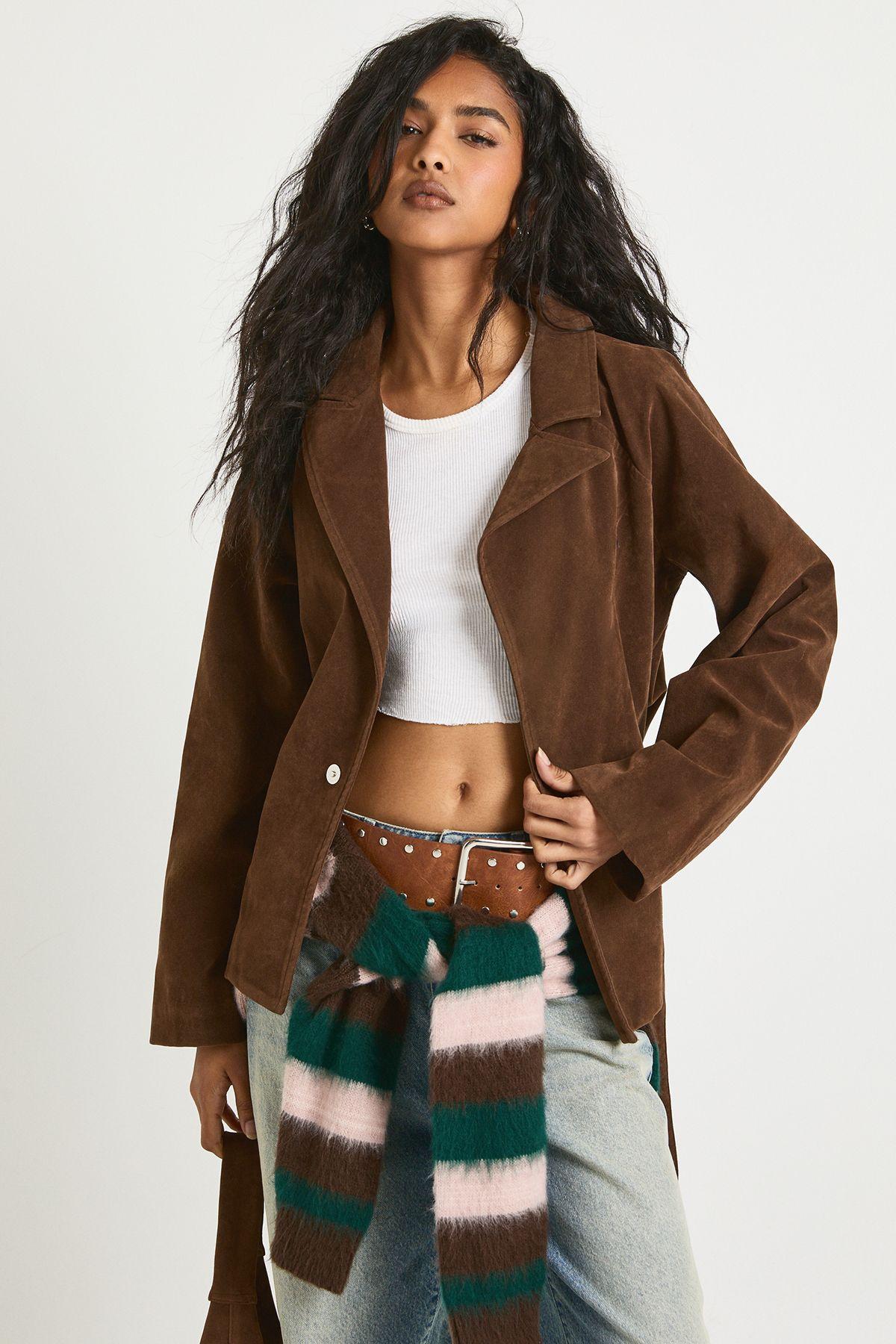 Short Belted Faux Suede Trench Coat by BOOHOO