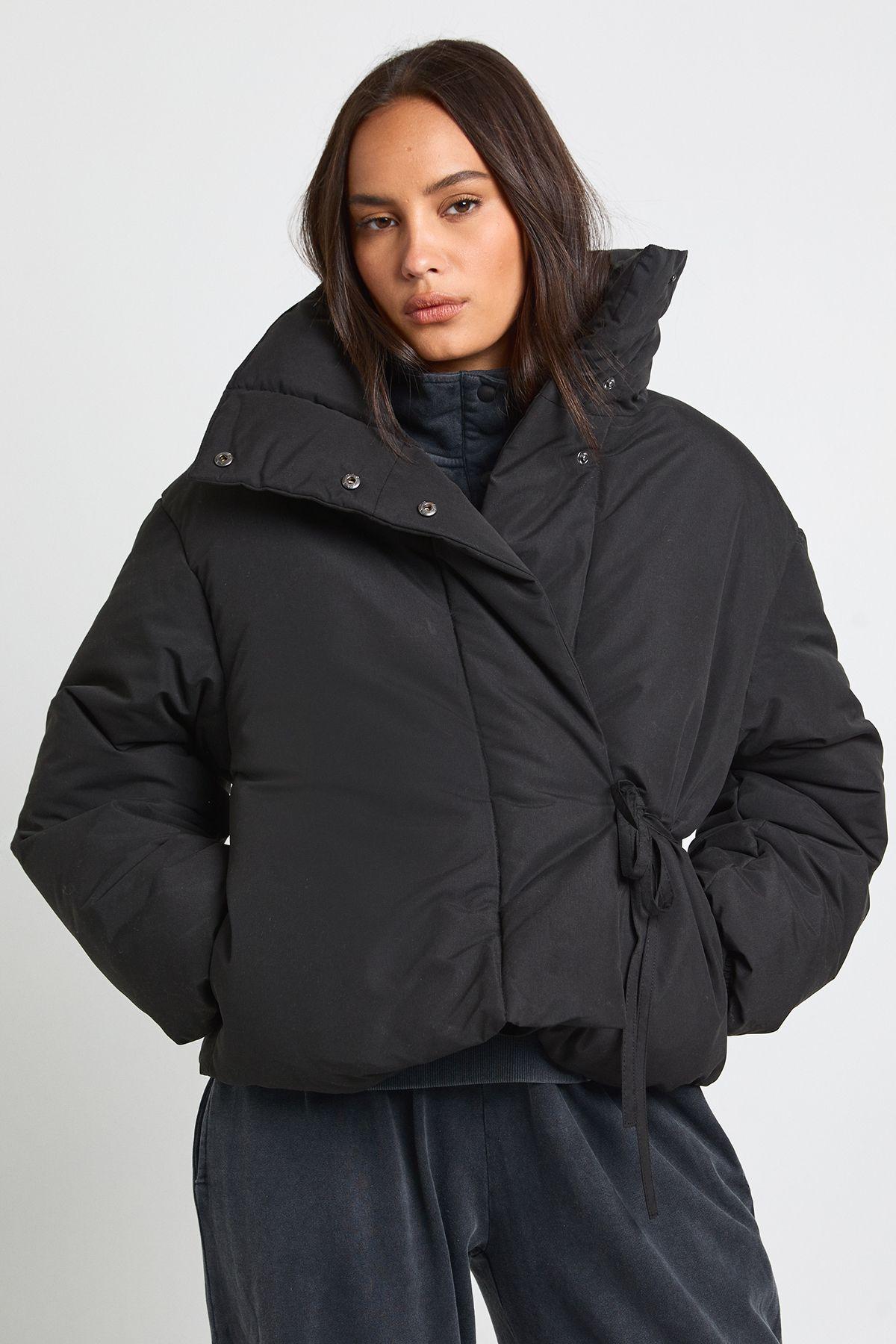Short Funnel Neck Tie Side Puffer Jacket by BOOHOO