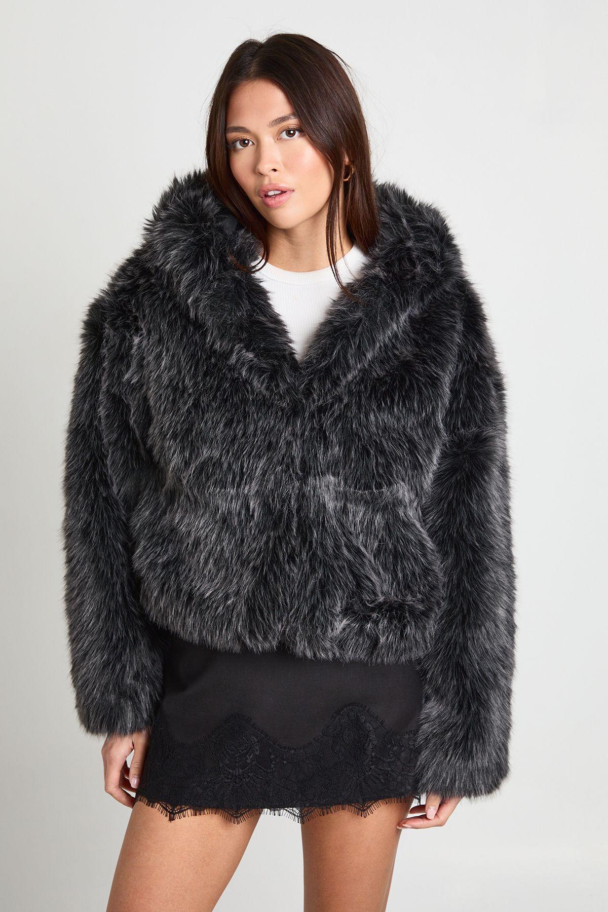 Short Hooded  Premium Faux Fur Jacket by BOOHOO