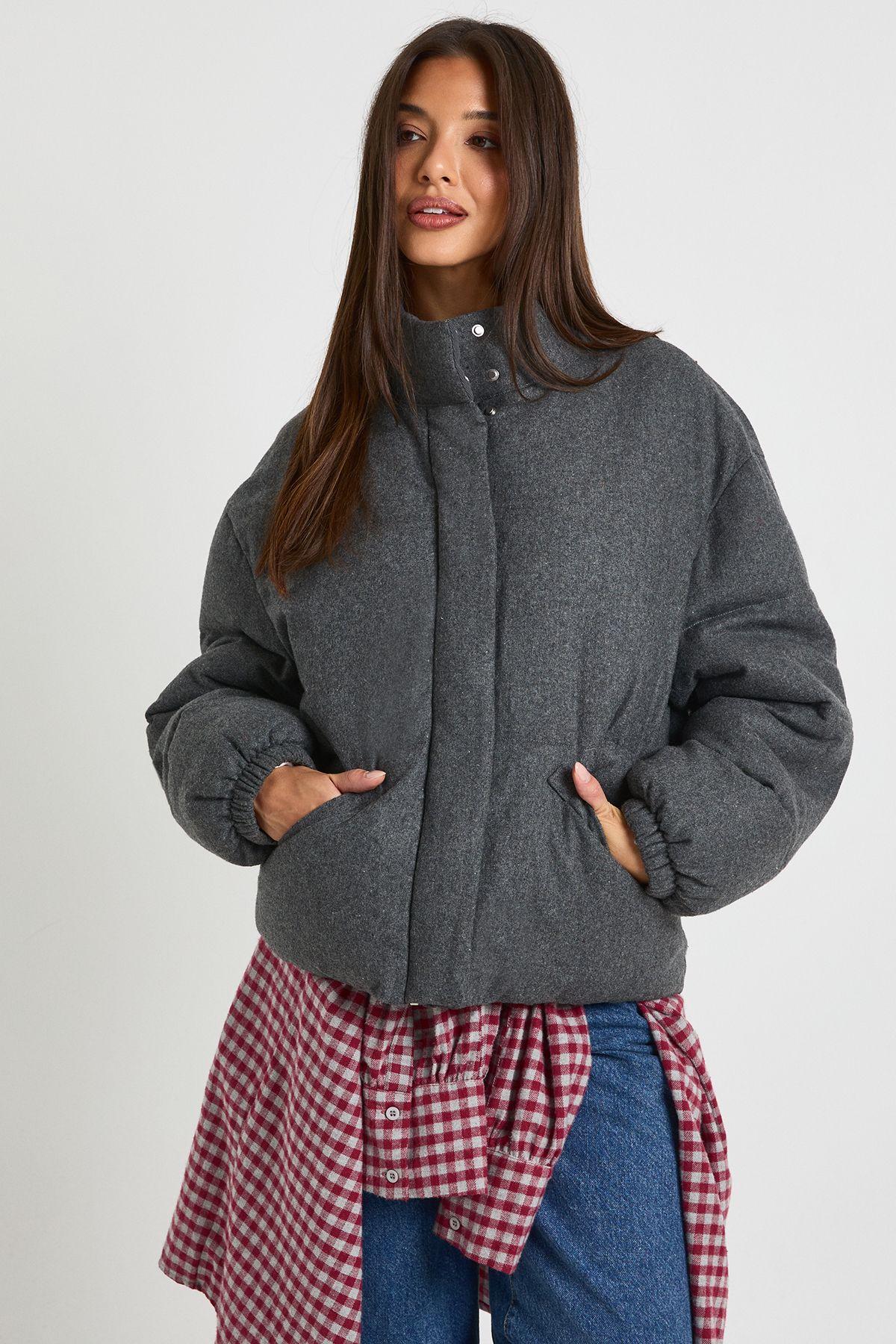Short Wool Puffer Jacket by BOOHOO