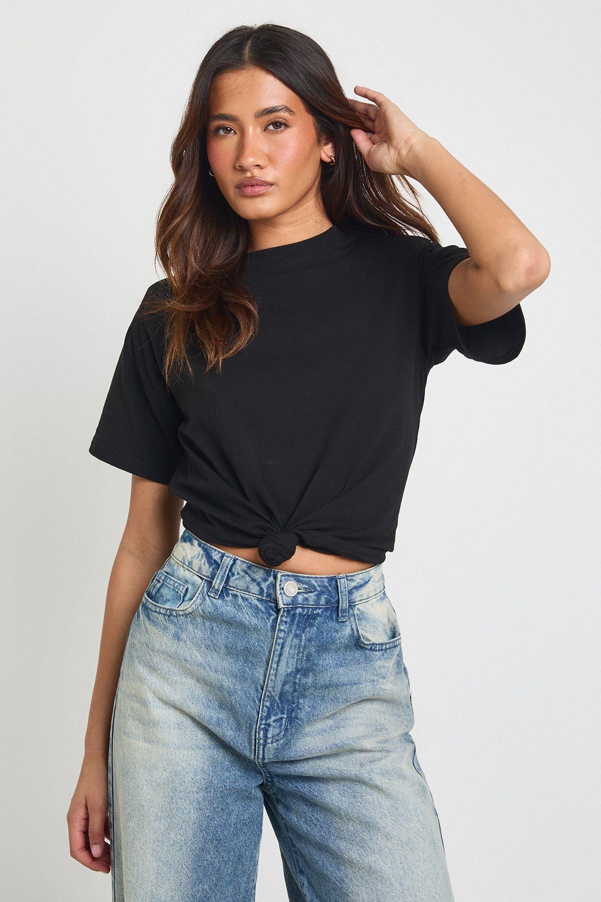 Shoulder Pad Knot Hem T-Shirt by BOOHOO