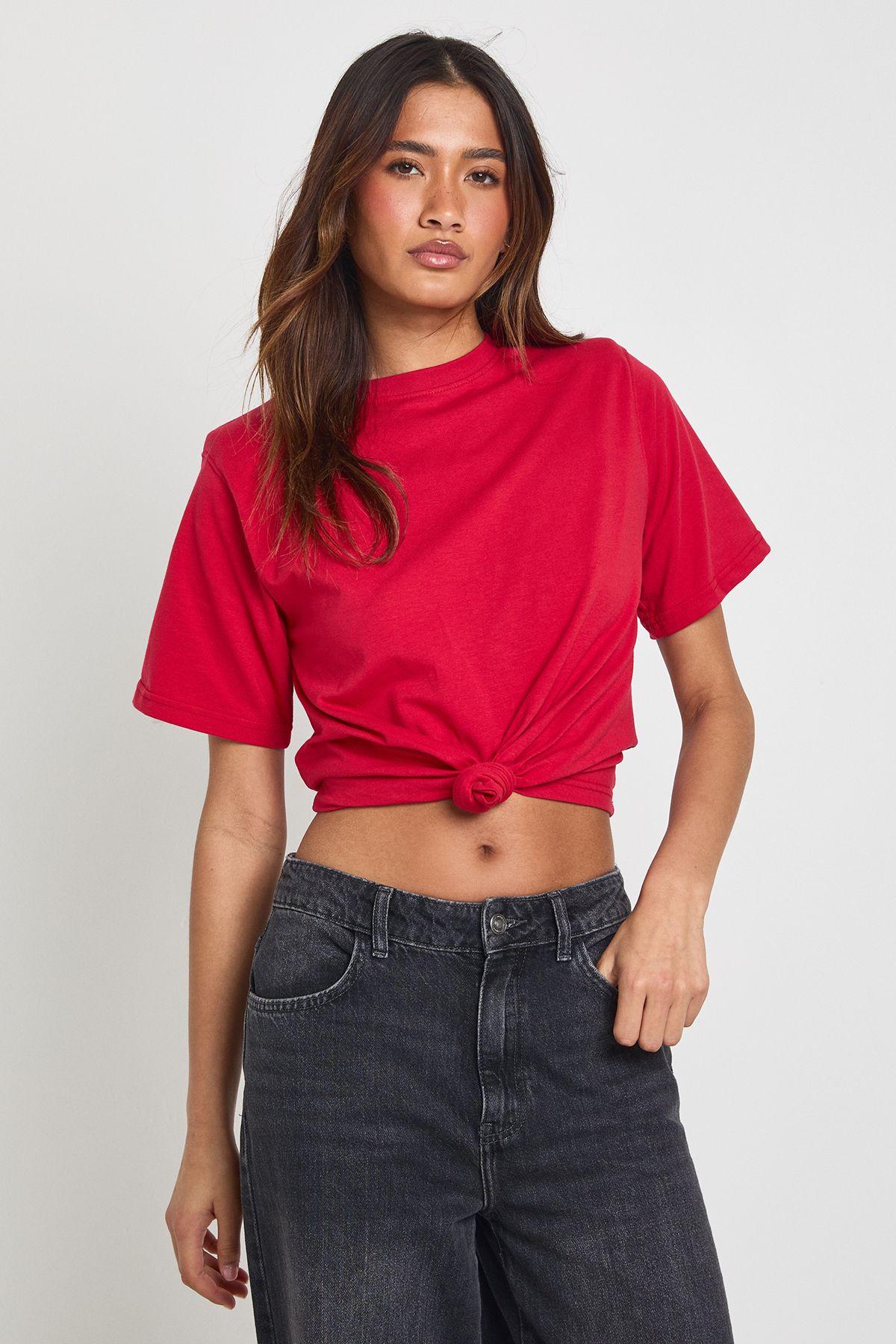 Shoulder Pad Knot Hem T-Shirt by BOOHOO