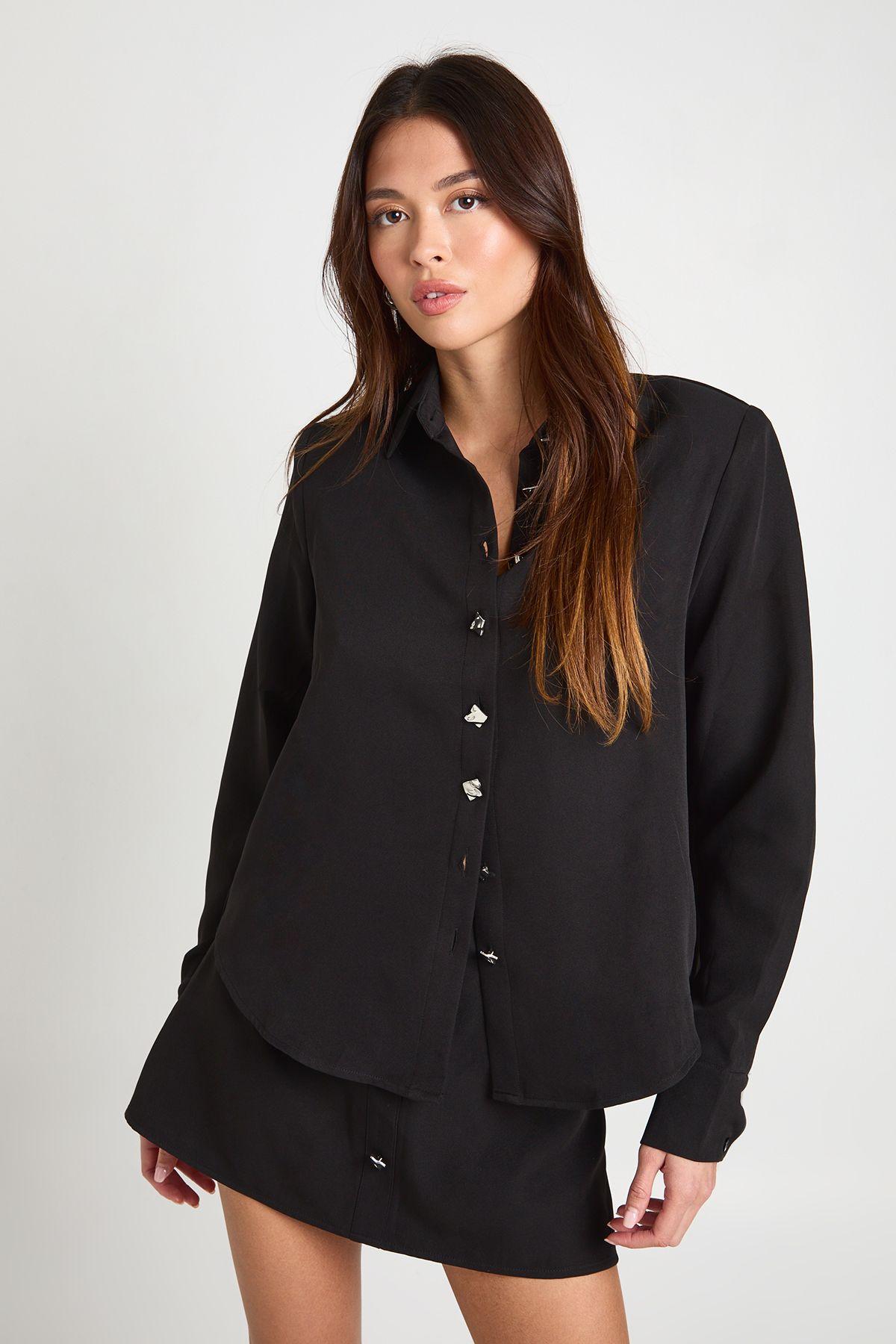 Silver Button Woven Shoulder Pad Shirt by BOOHOO