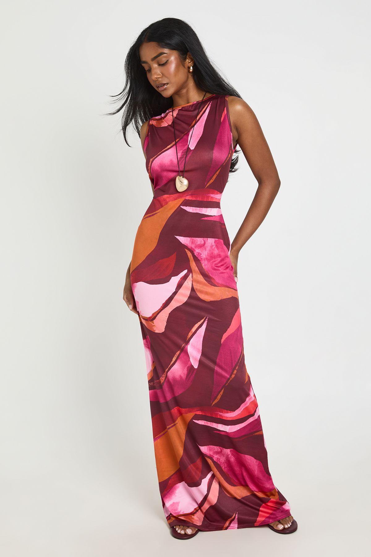 Slash Neck Abstract Super Soft Maxi Dress by BOOHOO