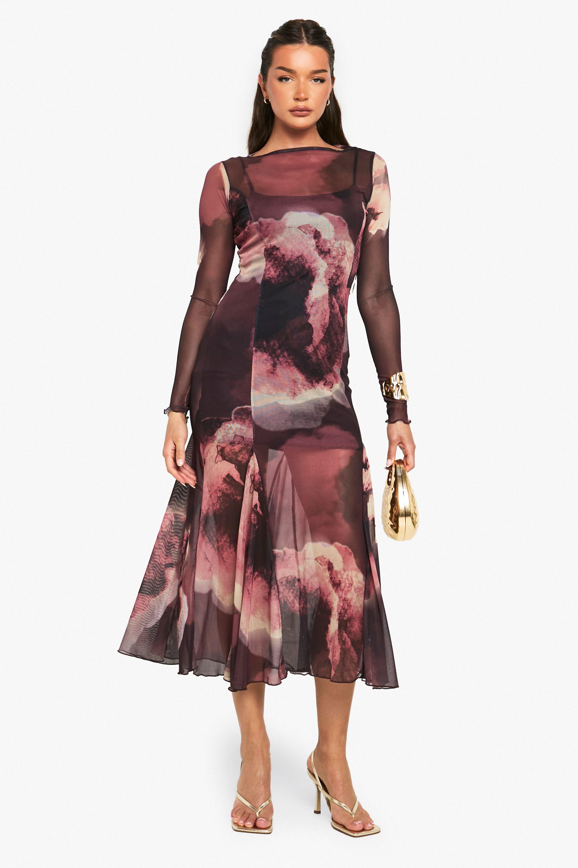 Slash Neck Floral Mesh Print Godet Hem Midaxi Dress by BOOHOO