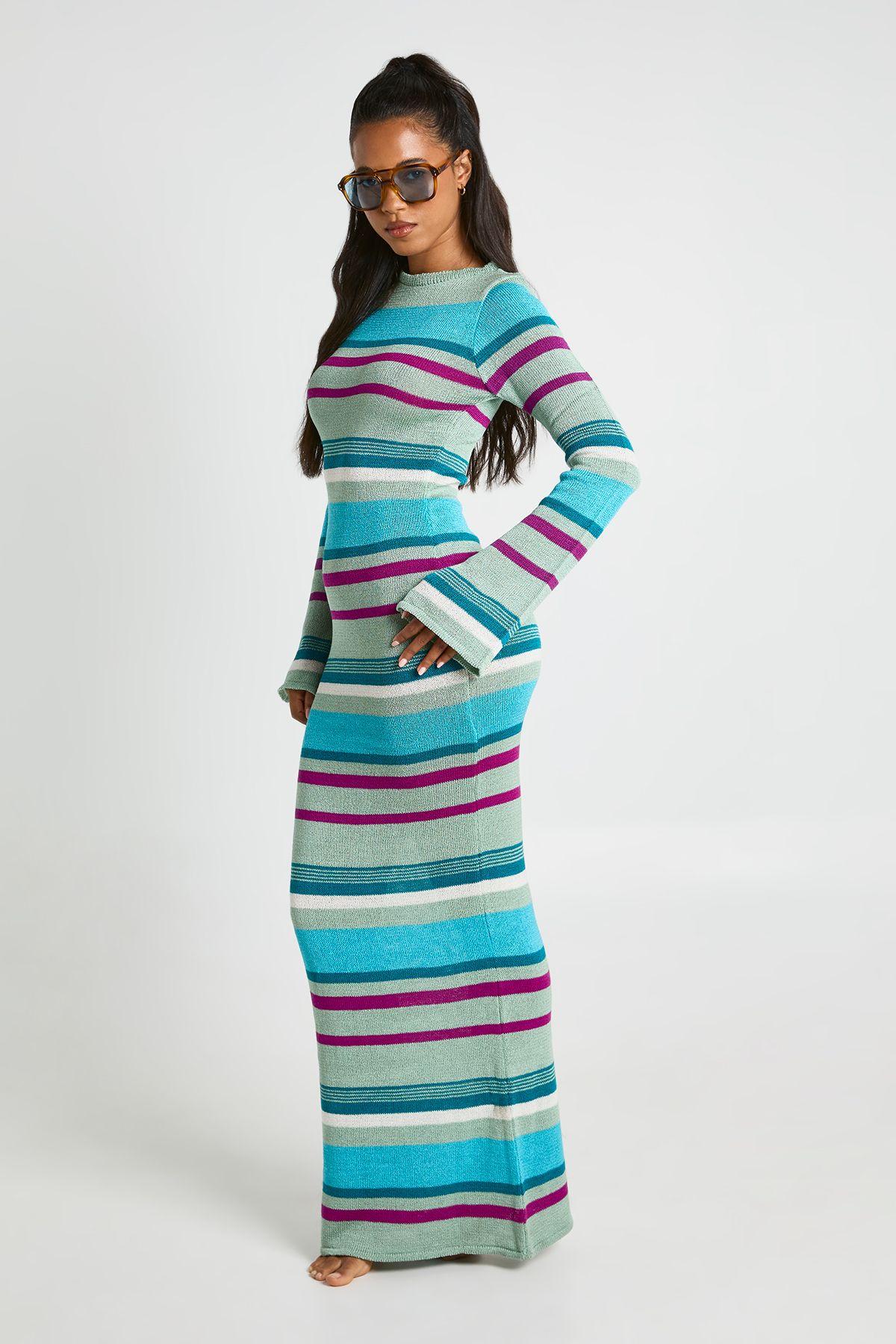 Slash Neck Long Sleeve Knitted Maxi Dress by BOOHOO