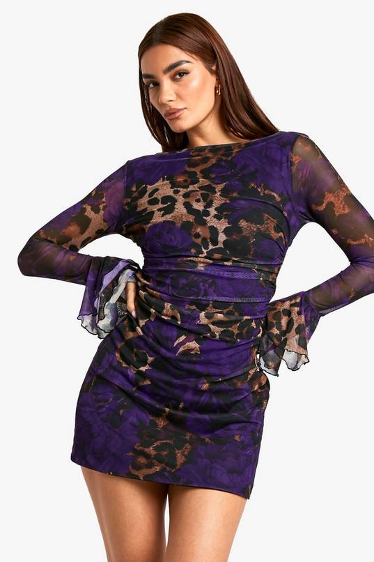 Slash Neck Mixed Leopard Print Flare Sleeve Mini Dress by BOOHOO