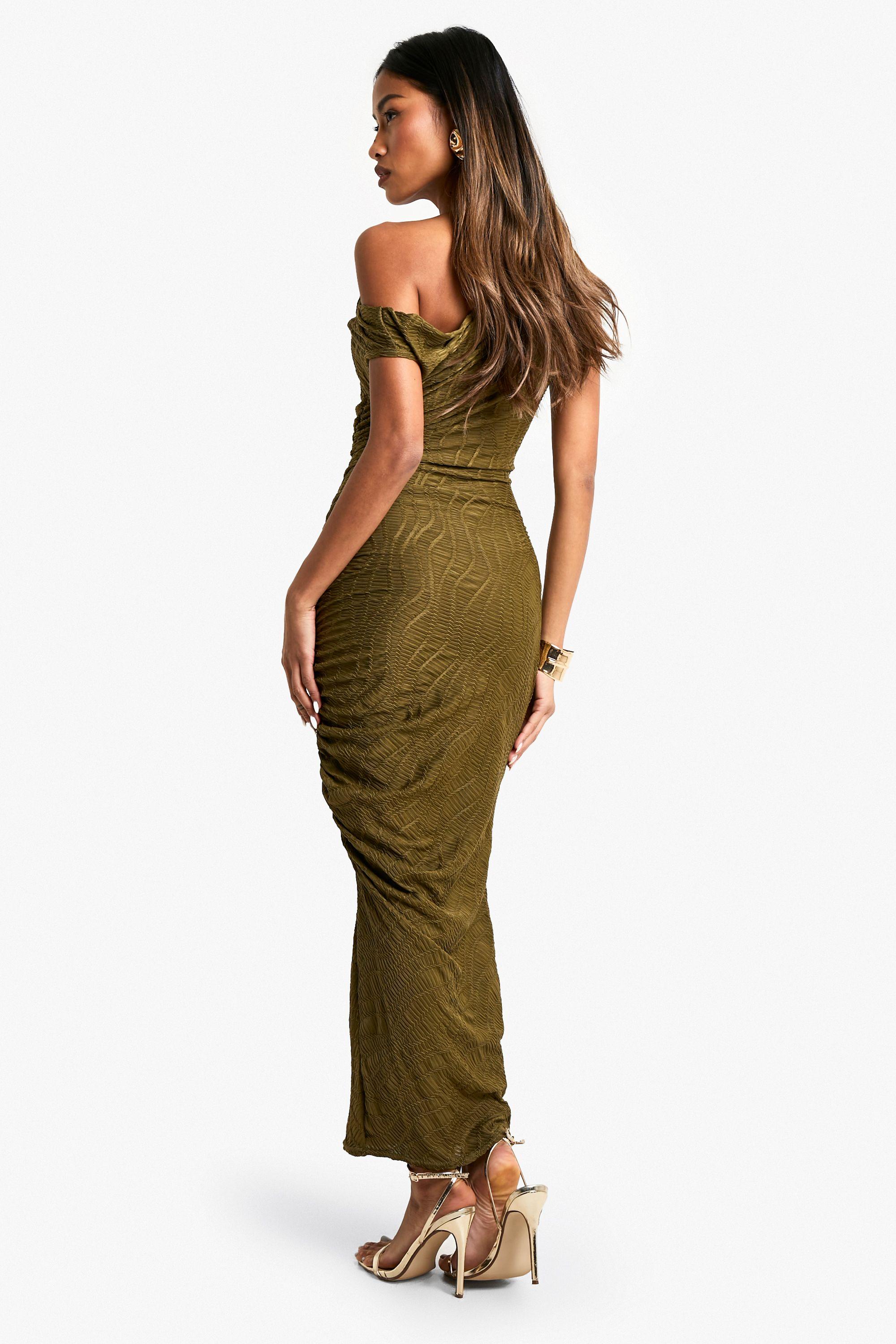 Slash Neck Textured Rib Midaxi Dress by BOOHOO