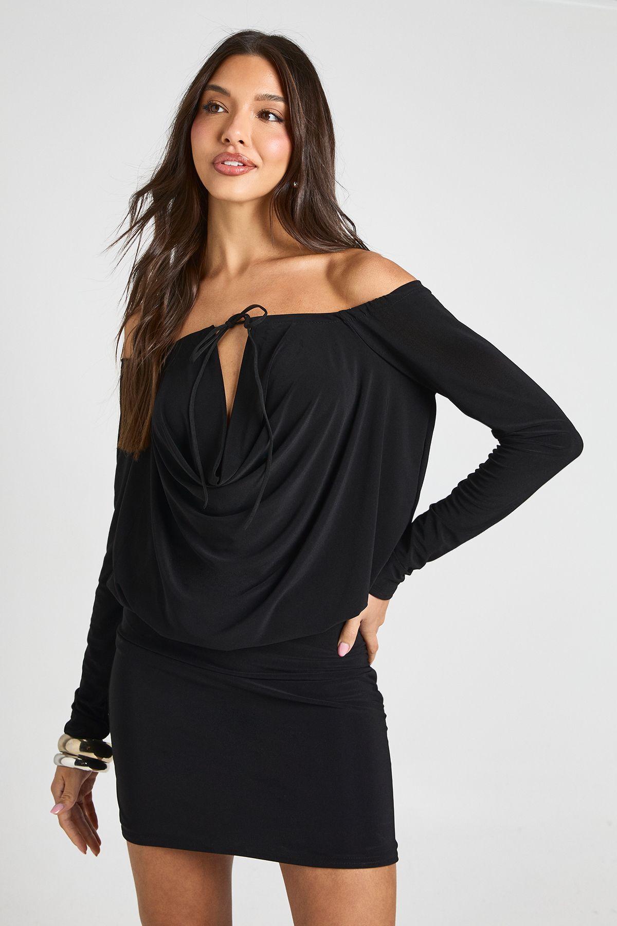Slinky Bardot Drape Front Bodycon Dress by BOOHOO