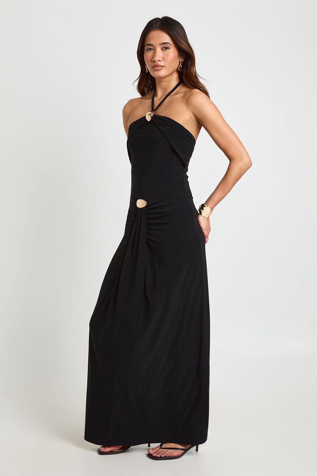 Slinky Gold Trim Halterneck Ruched Front Maxi Dress by BOOHOO