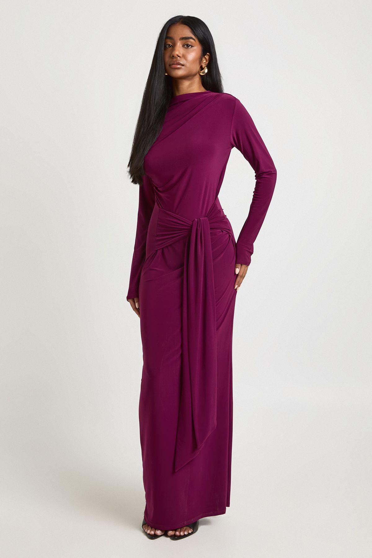 Slinky Grown On Neck Front Wrap Detail Maxi Dress by BOOHOO