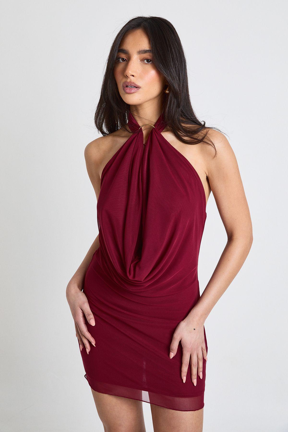 Slinky Halterneck Gold Trim Mini Dress by BOOHOO