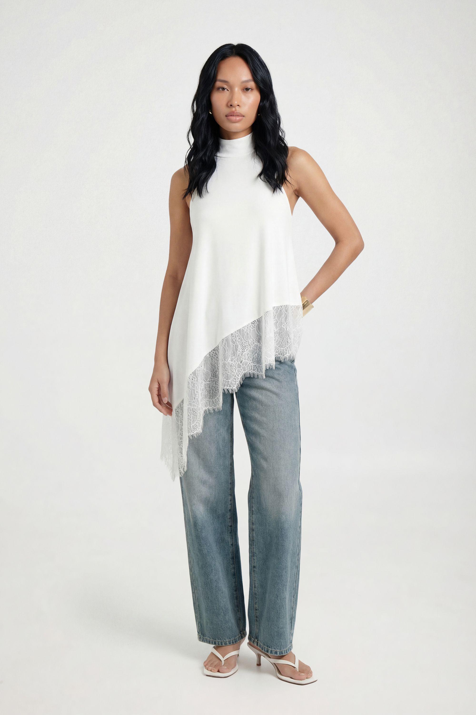 Slinky High Neck Lace Asym Hem Top by BOOHOO
