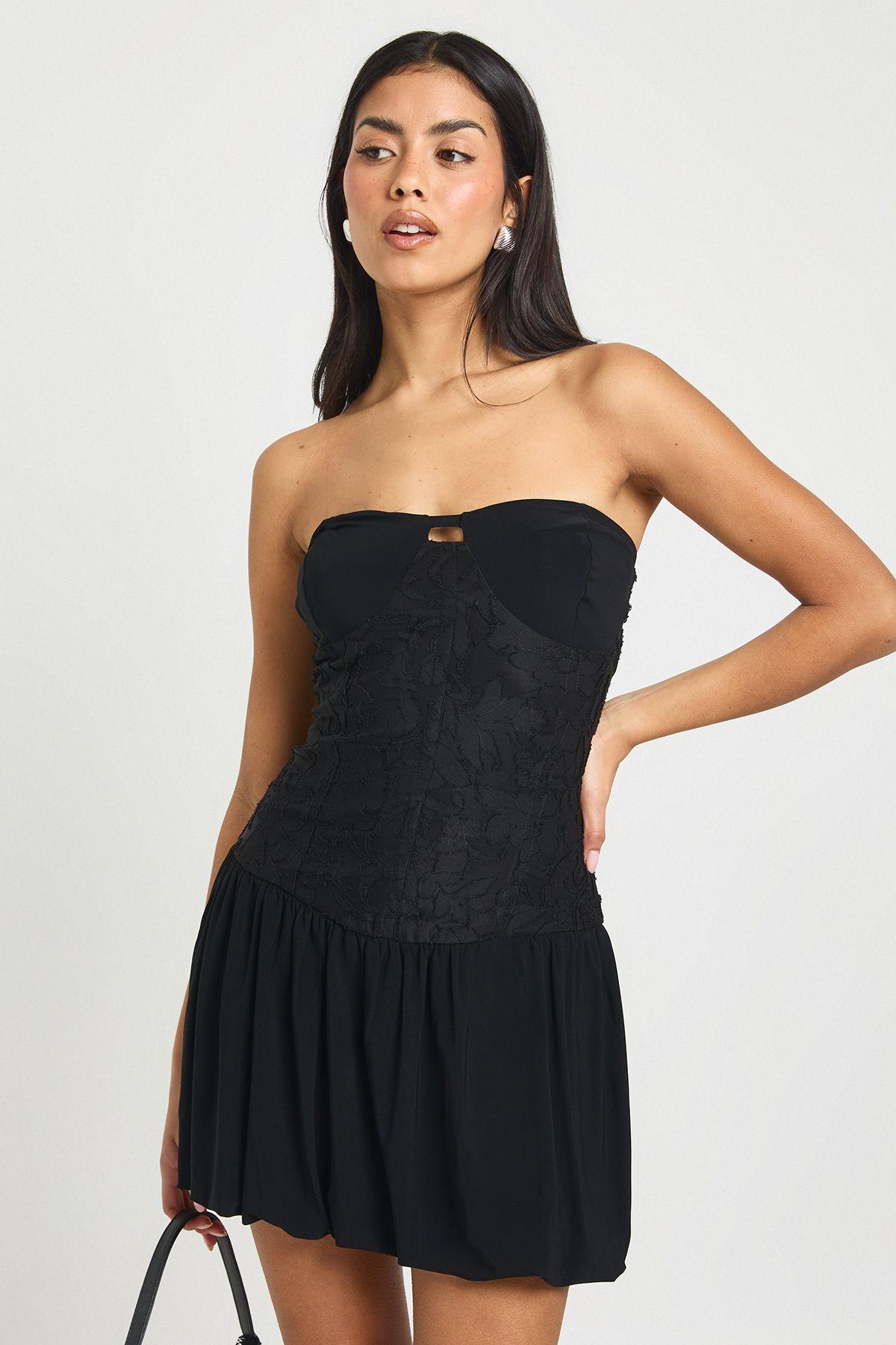 Slinky Lace Mix Frill Hem Skater Dress by BOOHOO