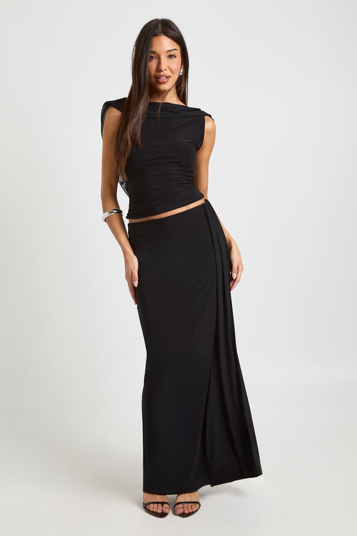Slinky Maxi Skirt With Mesh Drape by BOOHOO