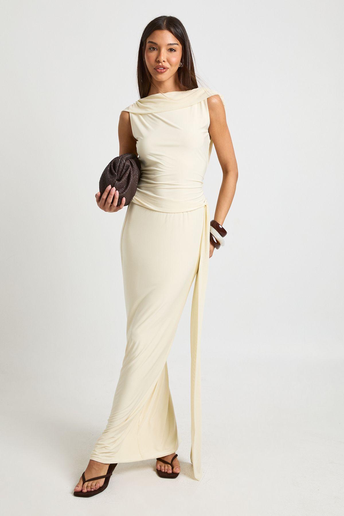 Slinky Maxi Skirt With Mesh Drape by BOOHOO