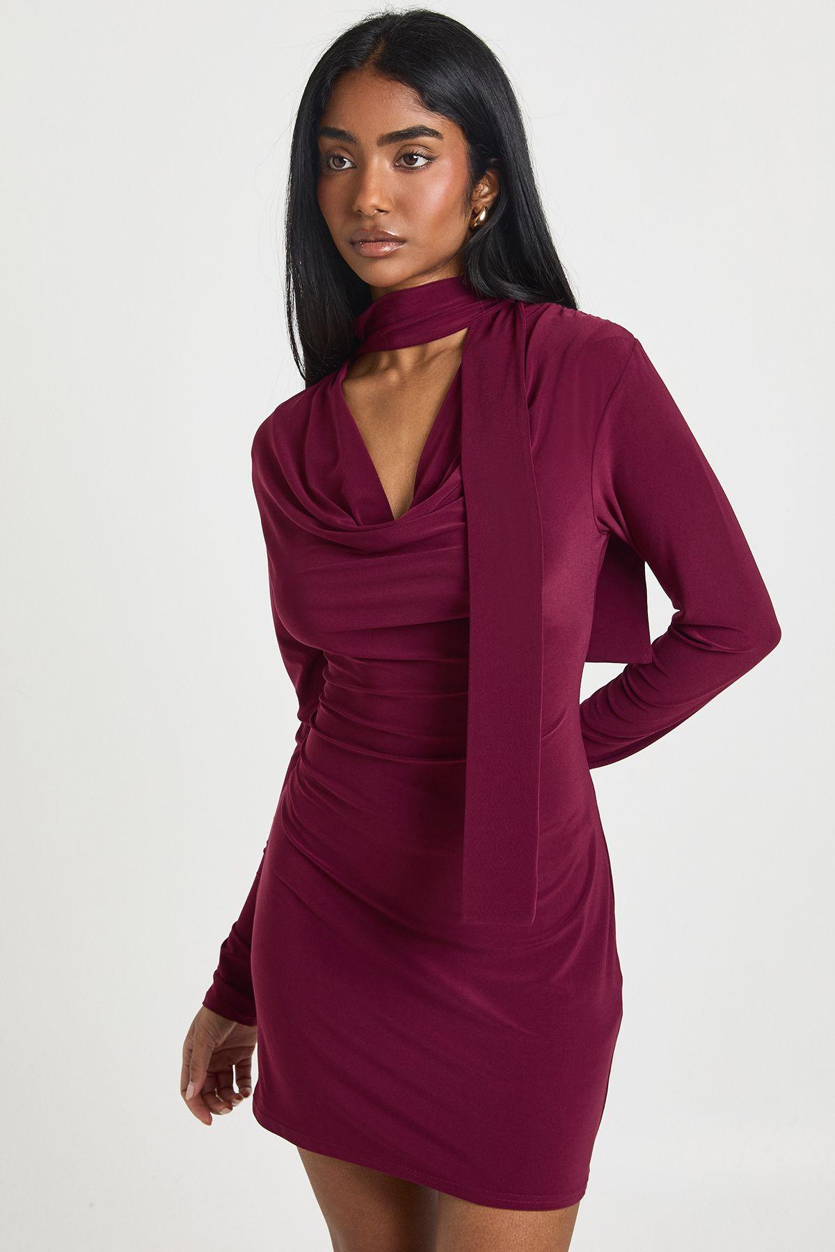 Slinky Plunge Front Scarf Detail Long Sleeve Mini Dress by BOOHOO