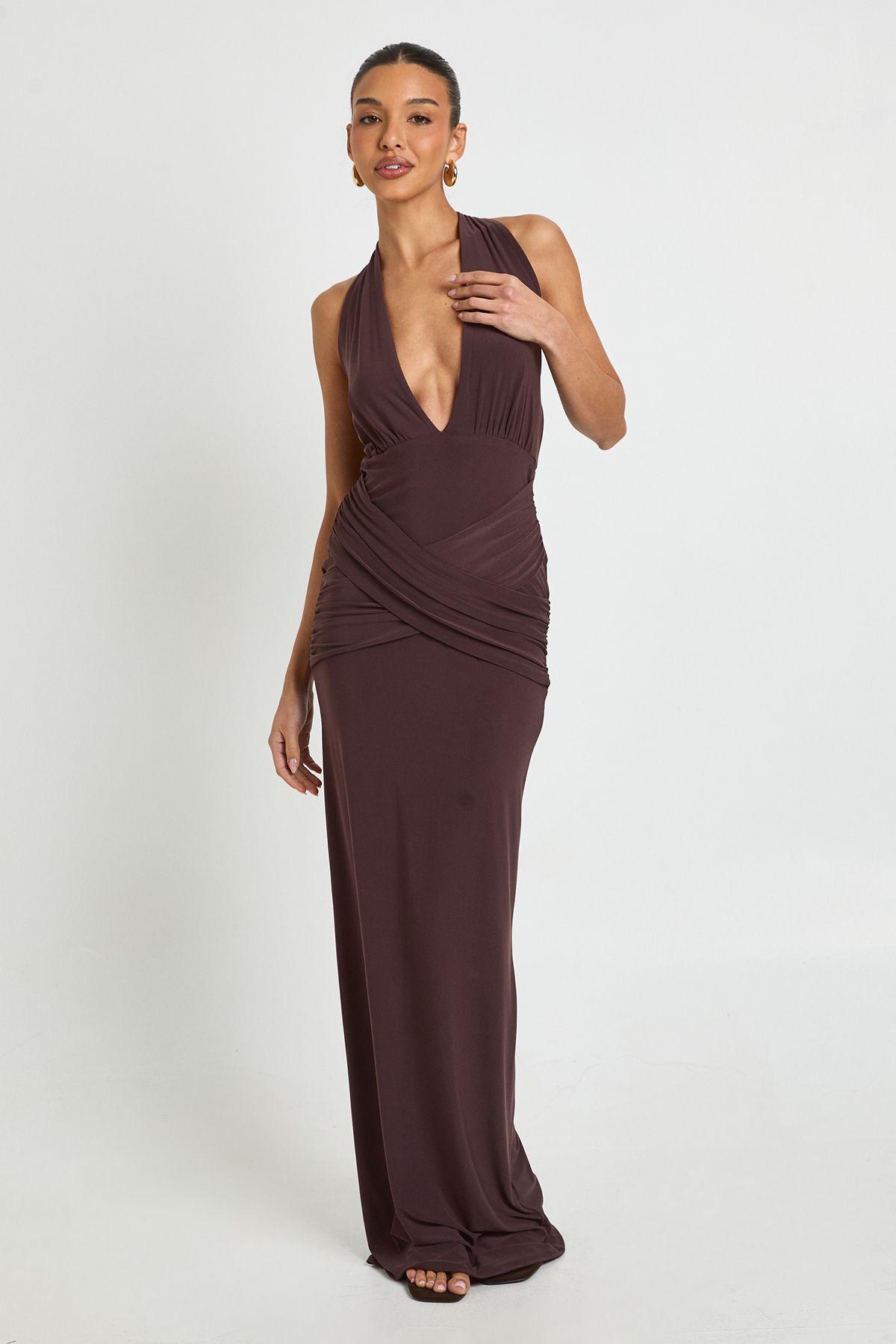 Slinky Plunge Halterneck Wrap Waist Maxi Dress by BOOHOO