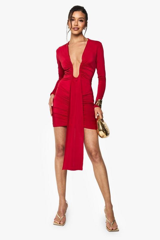 Slinky Plunge Ruched Mini Dress by BOOHOO
