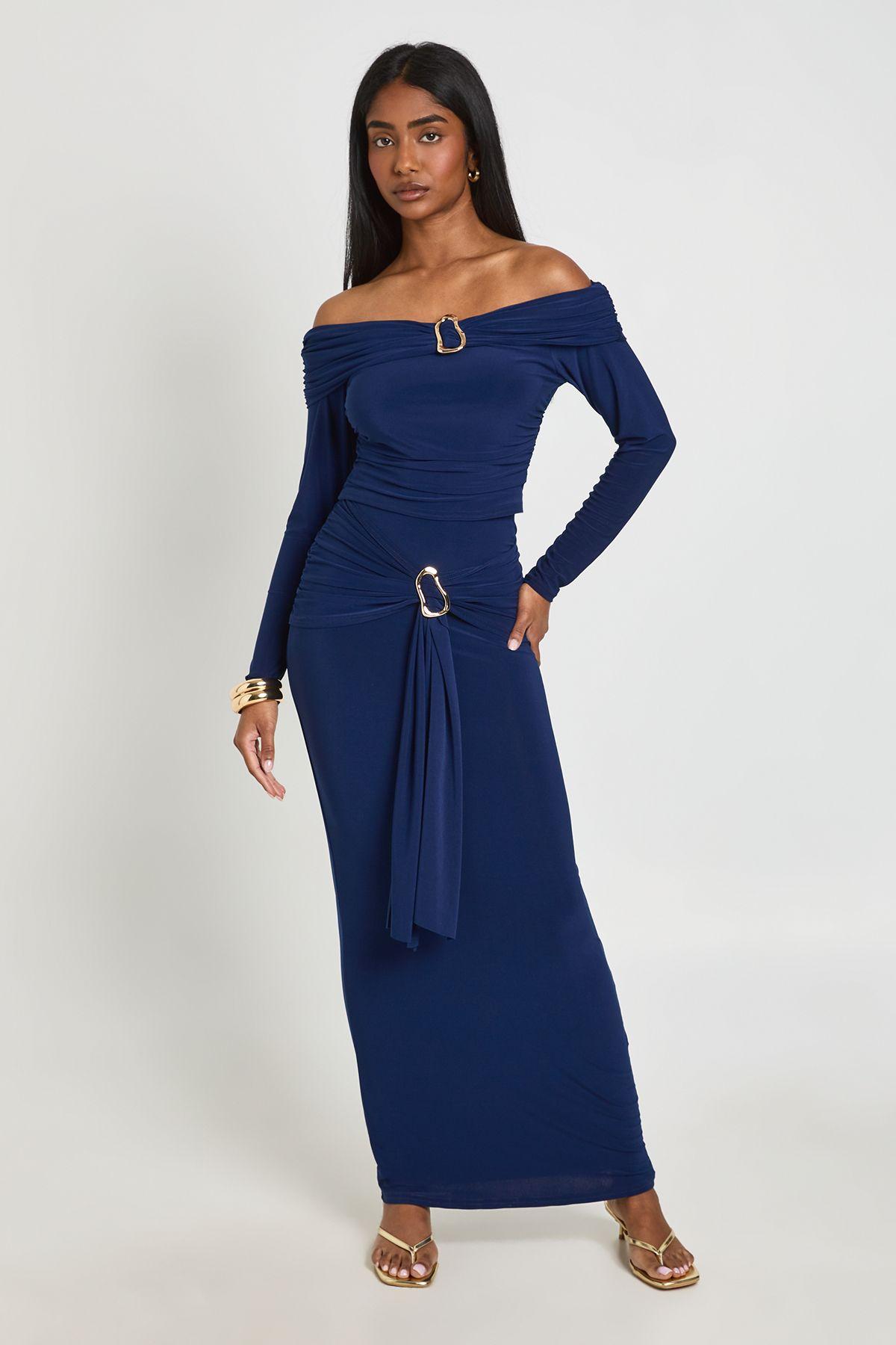 Slinky Ruched Waist Trim Detail Maxi Skirt by BOOHOO