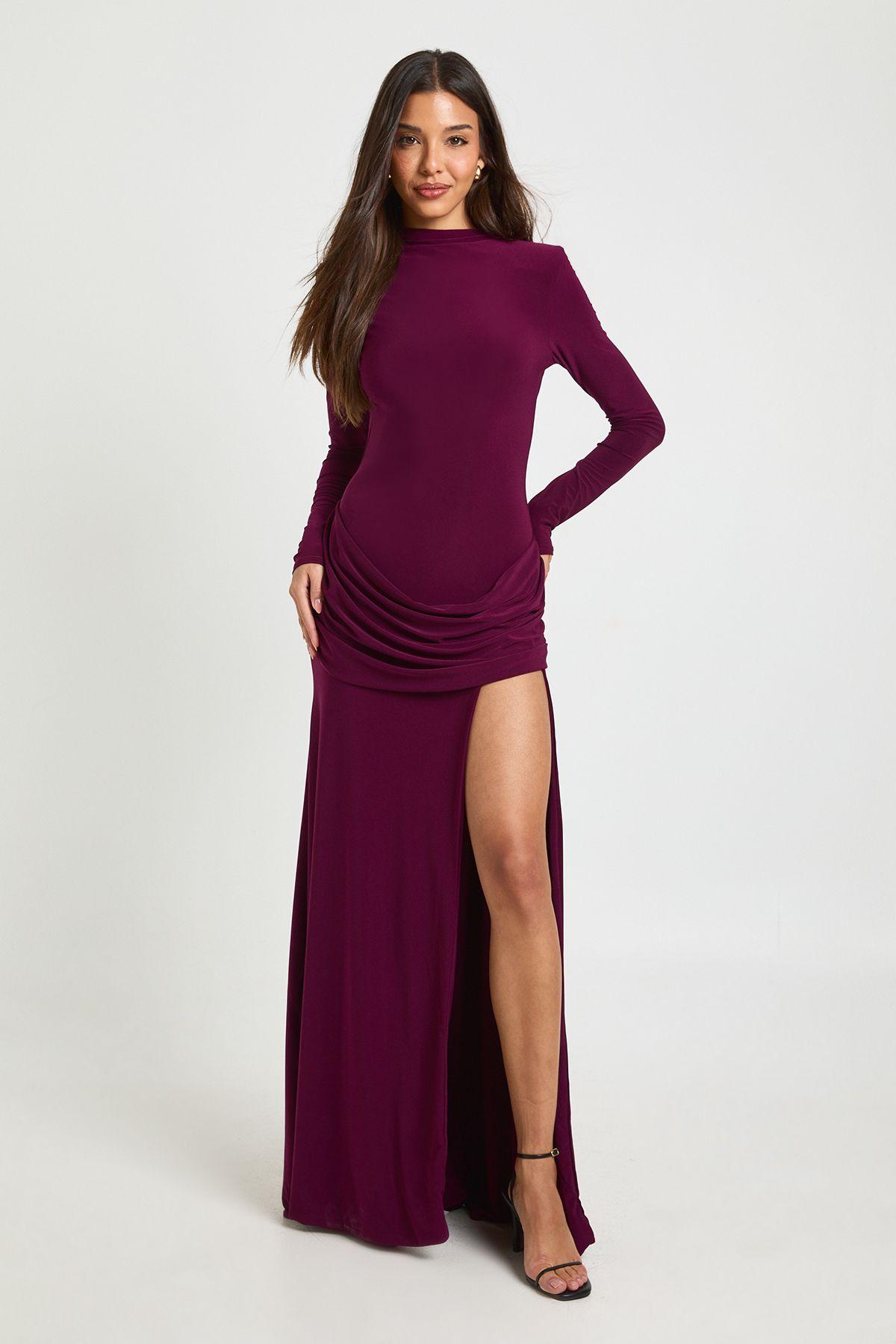 Slinky Shoulder Pad Drape Detail Maxi Dress by BOOHOO