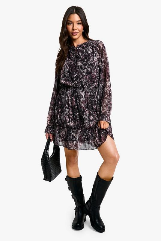 Snake Print Chiffon Long Sleeve Skater Dress by BOOHOO