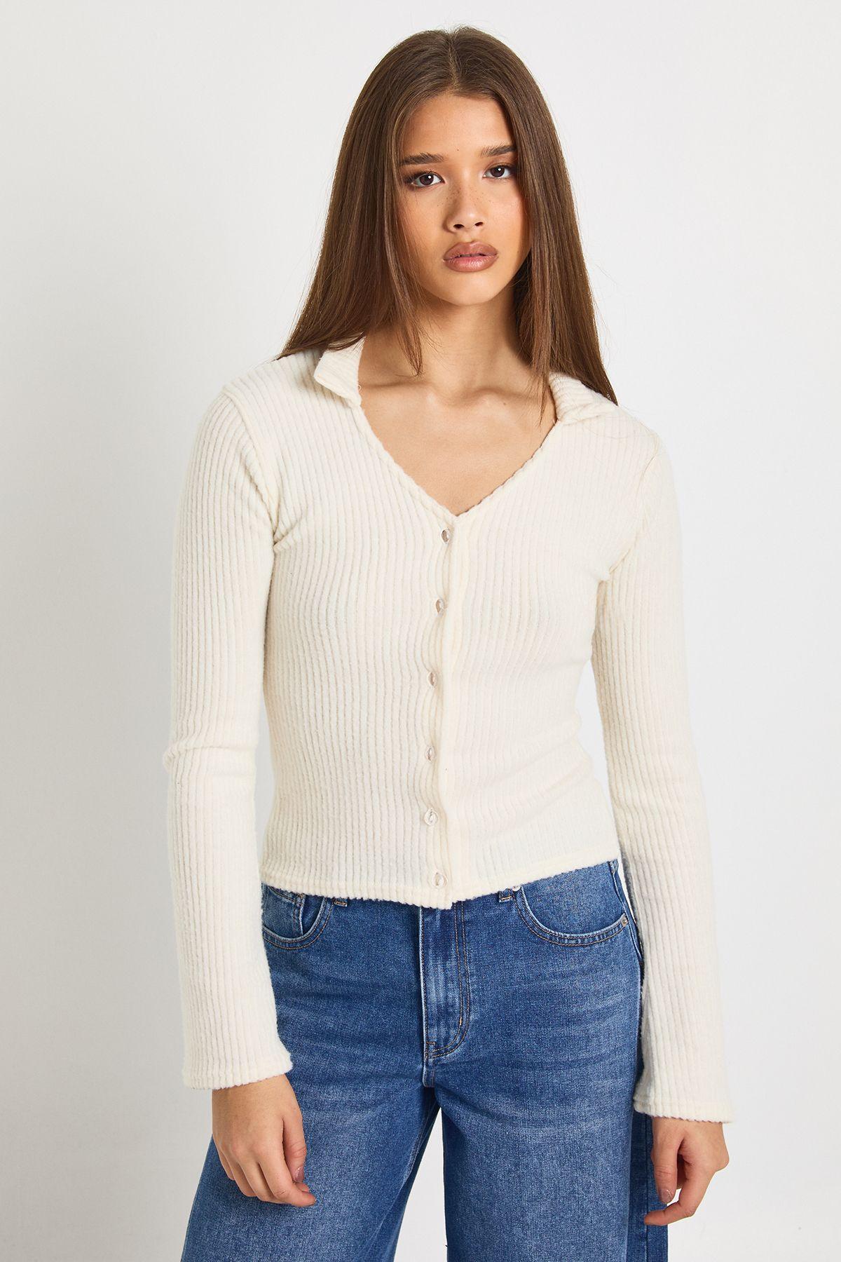 Soft Brushed Rib V Neck Button Through Collared Top by BOOHOO