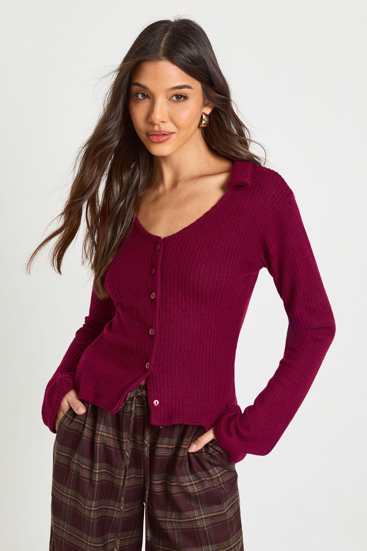 Soft Brushed Rib V Neck Button Through Collared Top by BOOHOO Soft Brushed Rib V Neck Button Through Collared Top by BOOHOO