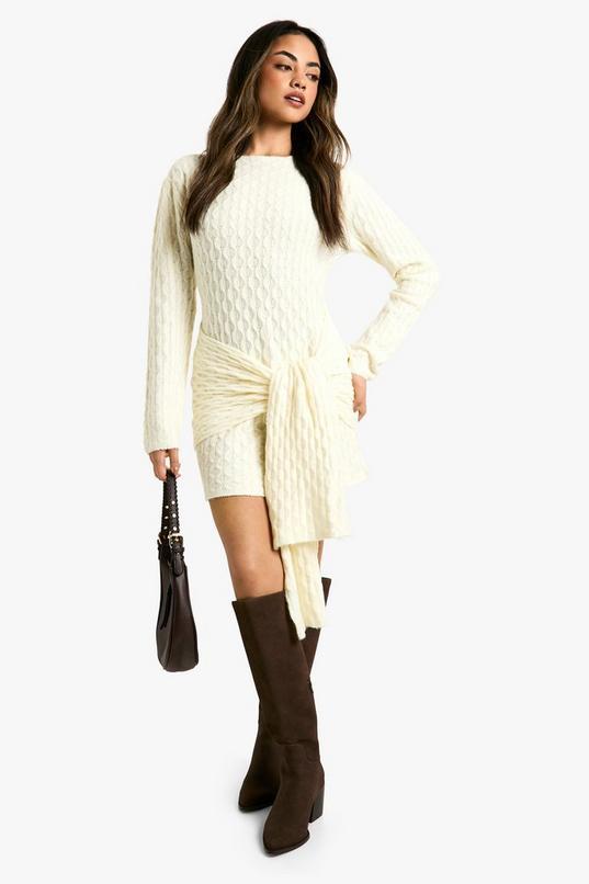 Soft Cable Oversized Tie Detail Knitted Mini Dress by BOOHOO
