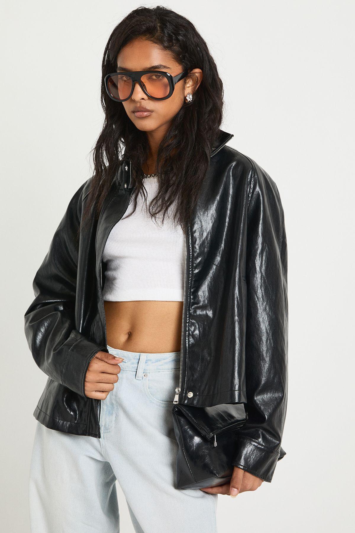 Soft Funnel Neck Faux Leather Bomber Jacket by BOOHOO