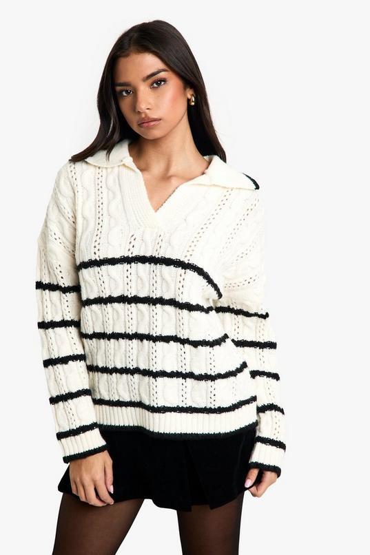 Soft Knit Cable Stripe Polo Collar Jumper by BOOHOO
